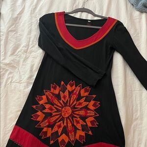 Women's Black Dress with Red & Orange Floral Medallion